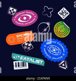 Set of Y2K stickers with nostalgic vibe isolated on dark background. Vector EPS10 graphic. Stock Vector
