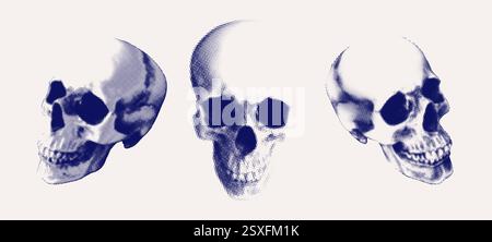 Three photorealistic skulls with halftone effect isolated on a light background. Monochrome brutalist design elements. Vector EPS graphic Stock Vector