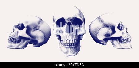 Three photorealistic skulls with halftone effect isolated on a light background. Monochrome brutalist design elements. Vector EPS graphic Stock Vector