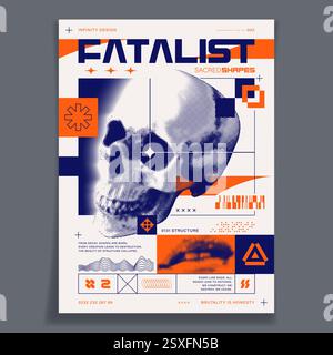 Brutalist poster design template. Halftone skull with abstract geometric shapes, bold typography, minimalist and bauhaus graphic symbols. Postmodern style. EPS10 vector graphic. Stock Vector