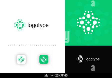 Fusion dots cross logo symbolizing healthcare, medical innovation, biotechnology. Ideal for pharmaceutical companies, laboratories, research Stock Vector