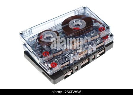 Stack of retro audio cassettes isolated on white background, 80's music concept Stock Photo