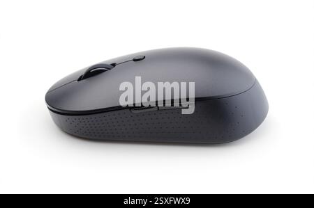 New black wireless modern computer mouse isolated on white. Stock Photo