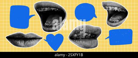 Mouth and lips in halftone texture with speech bubbles. Y2K collage design. Retro vector illustration. Stock Vector