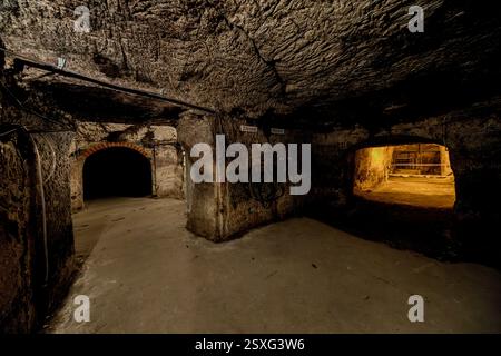 Sandstone walls bearing visible chisel marks line an underground passage of a rock cellar in Forchheim's Kellerwald. A red brick arch and a second vaulted passage open up in the background. The Kellerwald comprises 23 such rock cellars across roughly 20,000 square metres, which stay at a constant cool 8 degrees Celsius. The first cellars are documented from 1691. Auf den Kellern, Forchheim, Bavaria, Germany. Stock Photo