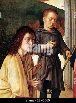 DAVID, Gerard (b. ca. 1460, Oudewater, d. 1523, Bruges)    The Nativity (detail)  c. 1490  Panel, 76,5 x 56 cm (full painting)  Museum of Fine Arts, Budapest    Peasants and shepherds were represented first in Netherlandish painting by the Master of Flémalle and Jan van Eyck. Their influence, as well as that of Hugo van der Goes can be observed on this painting of the young Gerard David. It is assumed that the young shepherd in the foreground represents a self-portrait of the artist.              --- Keywords: --------------    Author: DAVID, Gerard  Title: The Nativity (detail)  Time-line: 15 Stock Photo