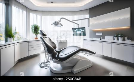 A sleek stomatology office filled with natural light, featuring a dental chair and advanced tools. Stock Photo