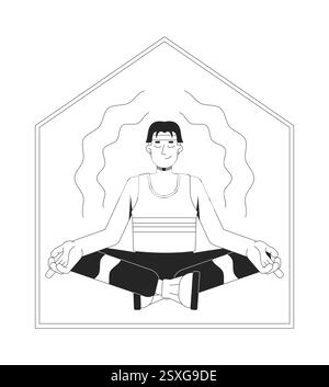 Young asian man in tank top meditating in peaceful home black and white 2D line character Stock Vector