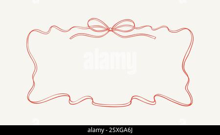 Horizontal rectangle bow ribbon frame. Hand drawn cute line doodle border. Vintage wedding festive decorative element. Trendy coquette girly style. Wh Stock Vector
