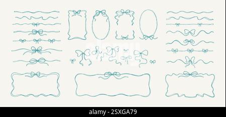 Set of bow ribbon blue whimsical bows, rectangle and oval ribbon wavy frames, dividers. La dolce vita Italian style. French patisserie menu decoration Stock Vector