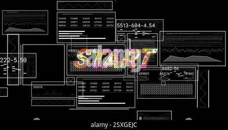 Image of data processing over colourful start text on black background Stock Photo