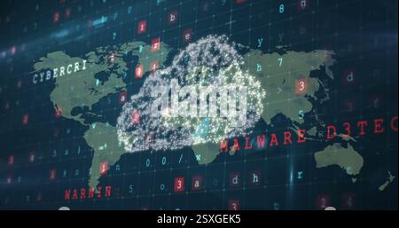 Image of virus warning text, cloud and digital data processing over world map Stock Photo
