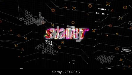 Image of data processing over colourful start text on black background Stock Photo