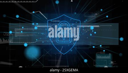 Image of network of connections over data processing and padlock with shield Stock Photo