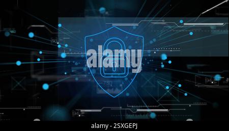 Image of network of connections over data processing and padlock with shield Stock Photo