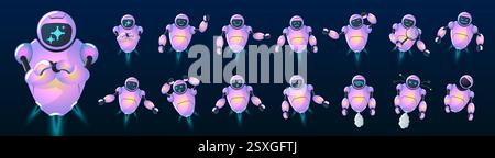 Cute robot mascot set. Futuristic AI chatbot characters in various poses. Friendly cyborgs with digital faces, neural network and tech inspired designs. Automation, virtual assistant or online service Stock Vector