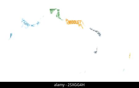 Turks and Caicos Islands region word cloud. Country shape design. Turks and Caicos Islands colored illustration. Region names collage cloud. Stock Vector
