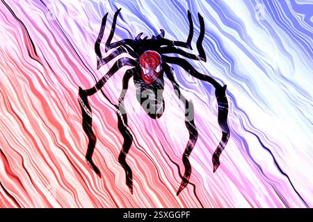 Symbolic of a fictional superhero named Spiderman, with a wavy silk