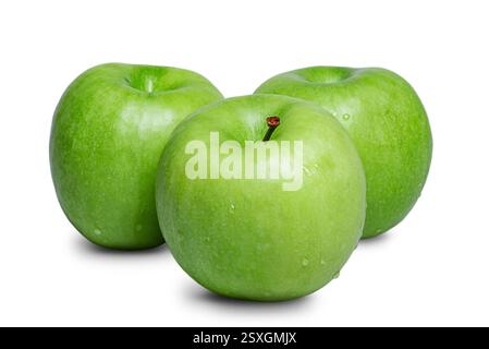 Three green apples with water drops isolated on white Stock Photo