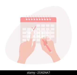 Hands holding a pen and pointing to a red checked date on a calendar, flat vector illustration Stock Vector