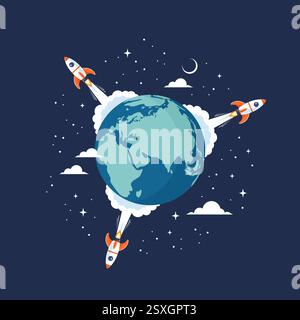 Three space rockets launch from different sides of the Earth globe into space, vector flat illustration Stock Vector