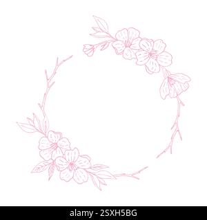 Round flower wreath with pink cherry blossoms. A frame with images of roses, cherries, cherry trees. Vector illustration, by hand. The place under the text. Design of postcards, wedding invitations Stock Vector