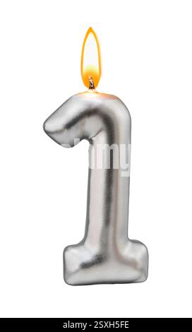 Metallic Number One Candle with Flame isolated on transparent Stock Photo