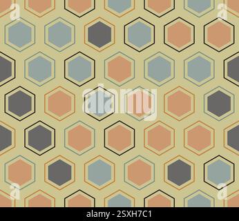 Mosaic background. Hexagon mosaic cells with padding and inner solid cells. Large honeycomb cells. Multiple tones color palette. Seamless pattern. Stock Vector