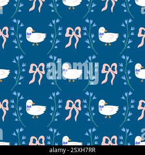 Cute seamless pattern with goose, floral pattern and bow, on a blue background. Poultry, rustic pattern. For wallpaper, fabric, packaging. Stock Vector