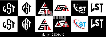 LST letter logo design in six style. LST polygon, circle, triangle, hexagon, flat and simple style with black and white color variation letter logo se Stock Vector