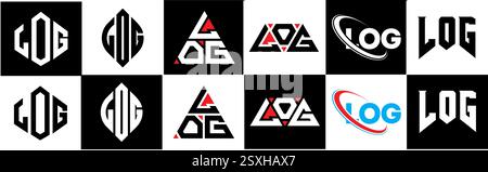 LOG letter logo design in six style. LOG polygon, circle, triangle, hexagon, flat and simple style with black and white color variation letter logo se Stock Vector