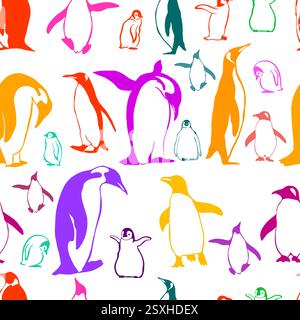 Seamless background penguins. hand drawing. Not AI, Vector illustration. Stock Vector