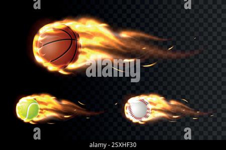 Sports balls on fire. Burning sphere. Flying circle motion. Tennis and baseball championship. Athletic game. Speed flight. Heat kick. Fast goal. Fiery Stock Vector