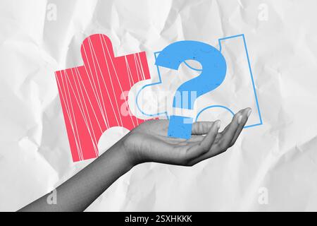 Composite artwork 3d image collage of hand hold question mark brainstorm ponder puzzle pair build connection strategy idea Stock Photo