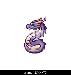 Dragon logo in pixel style 80s, 90s. Mythical creature dragon pixel for games, websites, animations. 8bit snake icon. Vector vintage dragon icon. Stock Vector