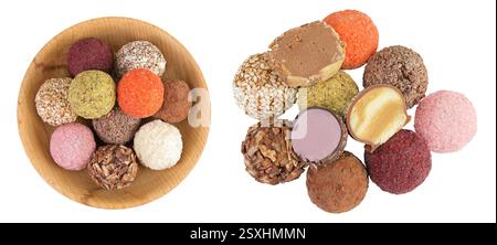 A variety of different truffles in a wooden bowl Isolated on a white background. Top view. Flat lay Stock Photo