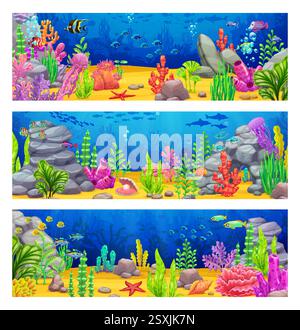 Cartoon underwater landscape banners, sea game level backgrounds with ...