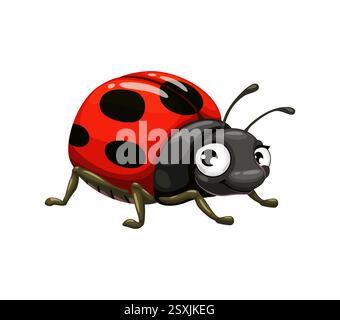 Cartoon funny ladybug insect character. Isolated vector cute and vibrant ladybird bug personage with a cheerful expression, shiny red shell featuring Stock Vector