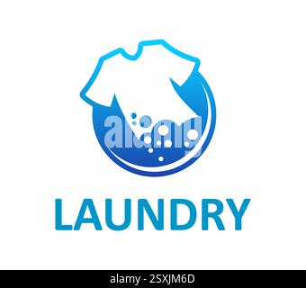 Laundry icon for wash and clothes cleaning service or laundromat, vector emblem. Laundry service symbol of T shirt with detergent bubbles in washing m Stock Vector