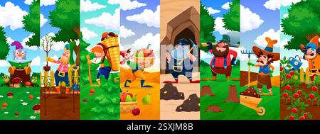 Cartoon dwarf, elf and gnome characters collage of funny miner, farmer, gardener and lumberjack vector personages. Funny fairytale gnomes characters w Stock Vector