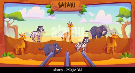 Safari hunting carnival shoot game, shooting range in kids amusement park with cartoon animals on african nature landscape background. Elephant, giraf Stock Vector