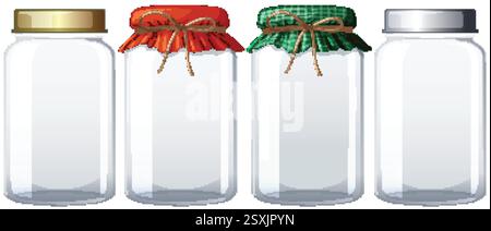 Four jars with colorful, patterned fabric lids Stock Vector