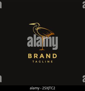 Elegant Golden Heron Bird Logo Design. Golden Stork Bird Silhouette Lines Logo Design. Stock Vector
