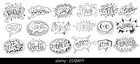 Black and white comic style speech bubbles featuring various sound effects and expressions. Includes words like bang, wow, cool illustrated in dynamic Stock Vector