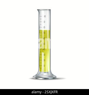 Digital illustration of a transparent measuring cylinder containing yellow liquid up to 70 milliliters used in laboratories and scientific experiments Stock Vector