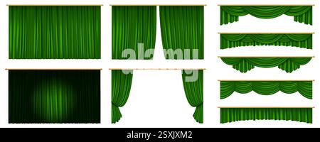 3D realistic illustration featuring a collection of colorful velvet theater curtains in red, blue, green, and pink for luxurious stage settings and ev Stock Vector