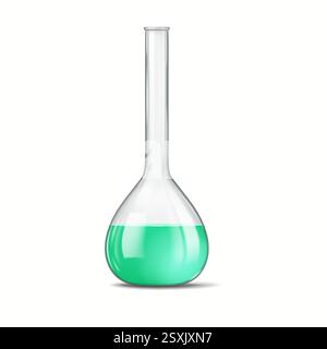Illustration of a laboratory glass flask containing vibrant green liquid. The flask has a round base and long neck, commonly used in scientific experi Stock Vector