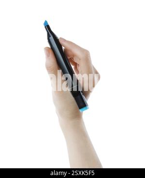 Woman with double sided marker on white background, closeup Stock Photo