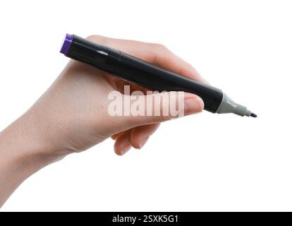 Woman with double sided marker on white background, closeup Stock Photo