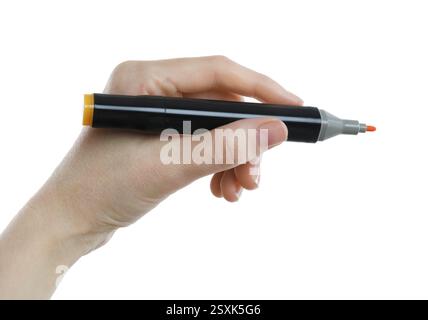 Woman with double sided marker on white background, closeup Stock Photo